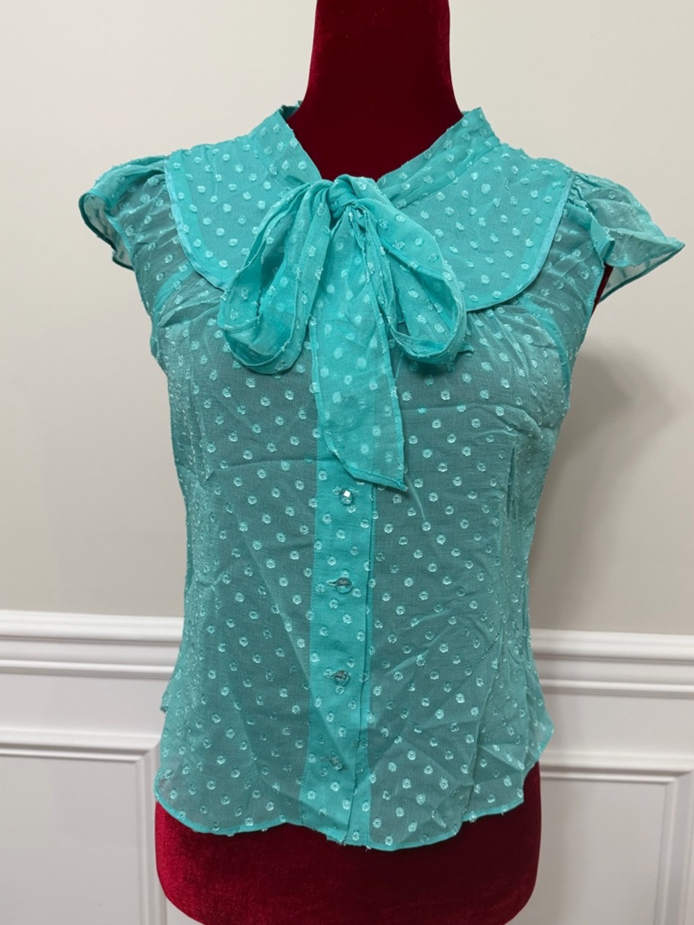 Kenneth Lady Teal Polka Dot Tie-Neck Blouse - Korean Fashion Sz 38 (Small)